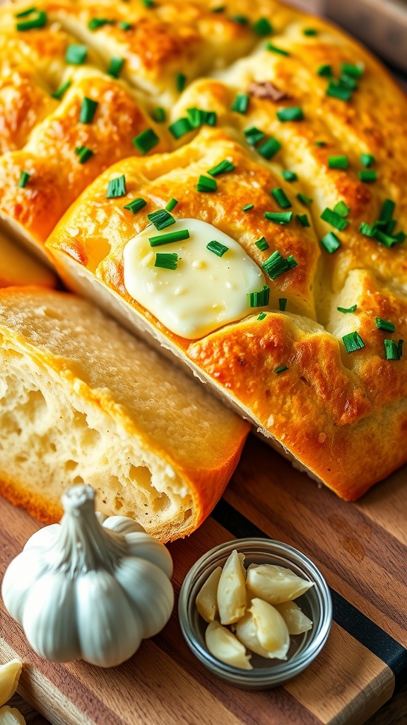 Crispy garlic bread slices with butter and parsley on a wooden board, surrounded by garlic cloves.